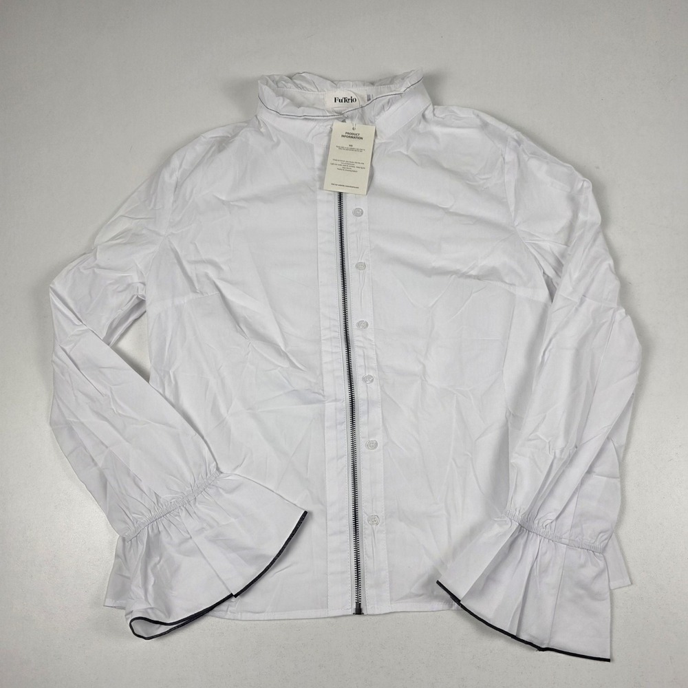 FuTario Shirt Womens Large White High Neck Ruffle Bell Sleeve Zip Blouse